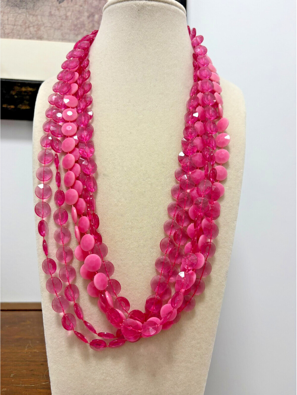 Vintage Pink Clear & Pink Disc Lucite Acrylic Long Beaded Necklace 60s  45"